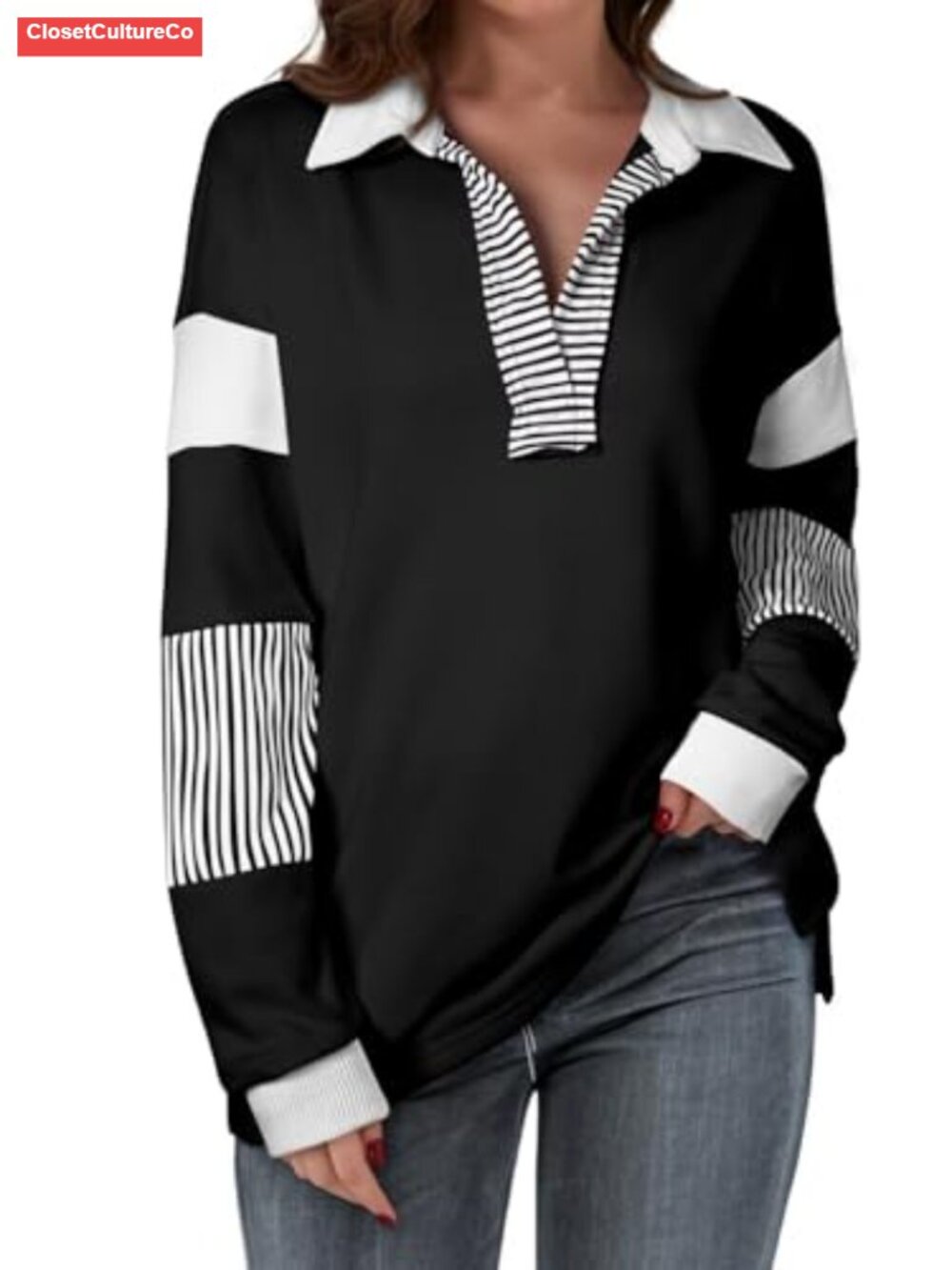 Oversized Color Block Slit Pullover V-Neck Sweatshirt